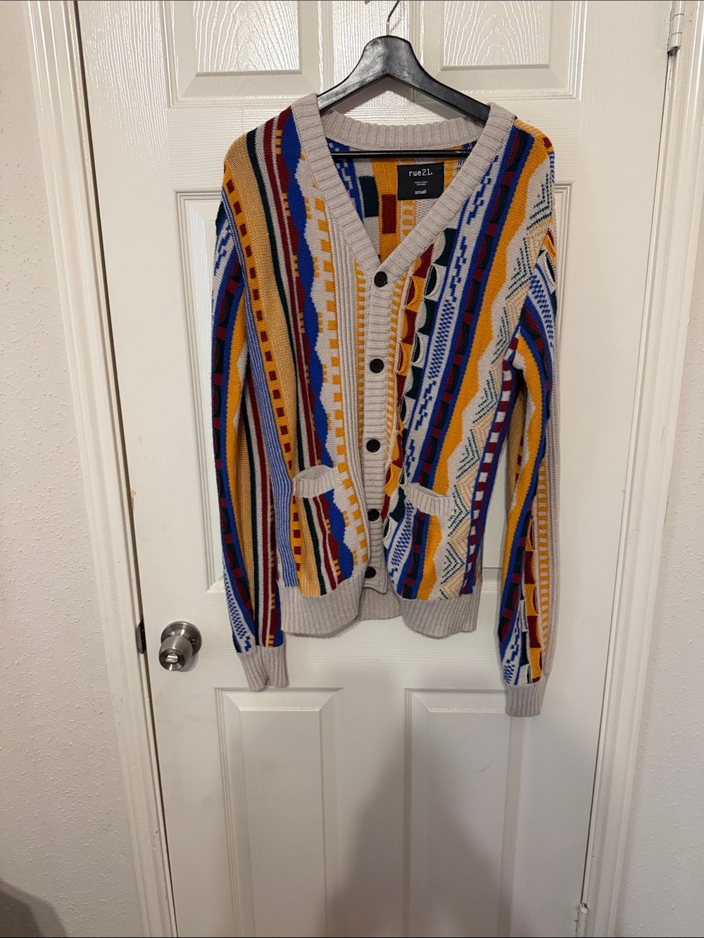 Rue21 Multicolor Striped V-Neck Button-Up Cardigan - Blue, Yellow, Red, Cream